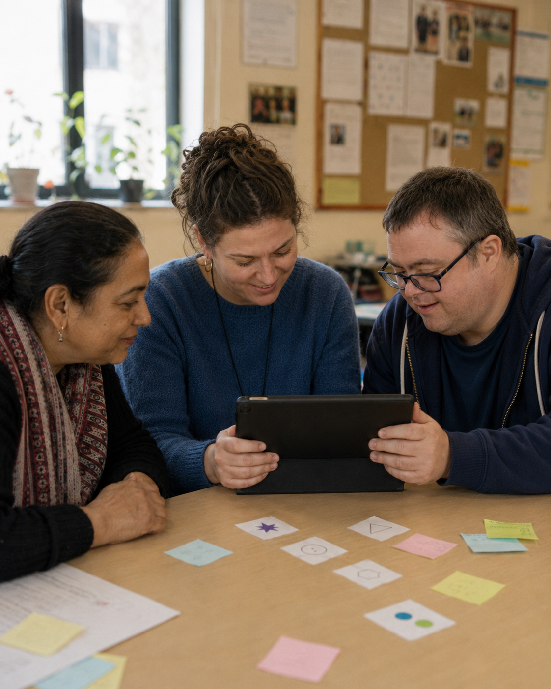 Three people at a day-centre table looking together at a tablet, with visual symbol cards and sticky notes on the table. AI-generated image.